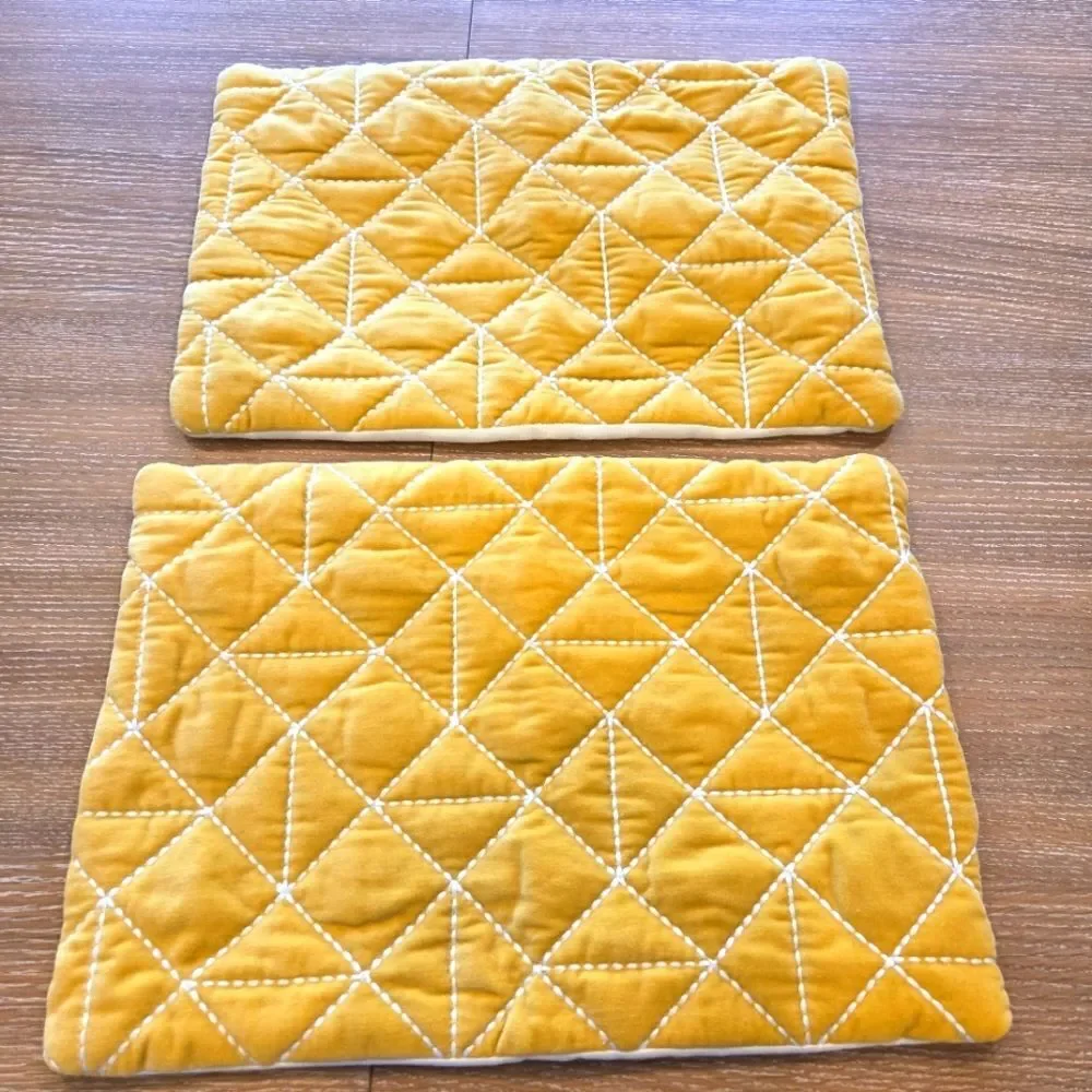 Velvet Pillow Sham Gold With White Stitching Geometric Pattern Rectangle